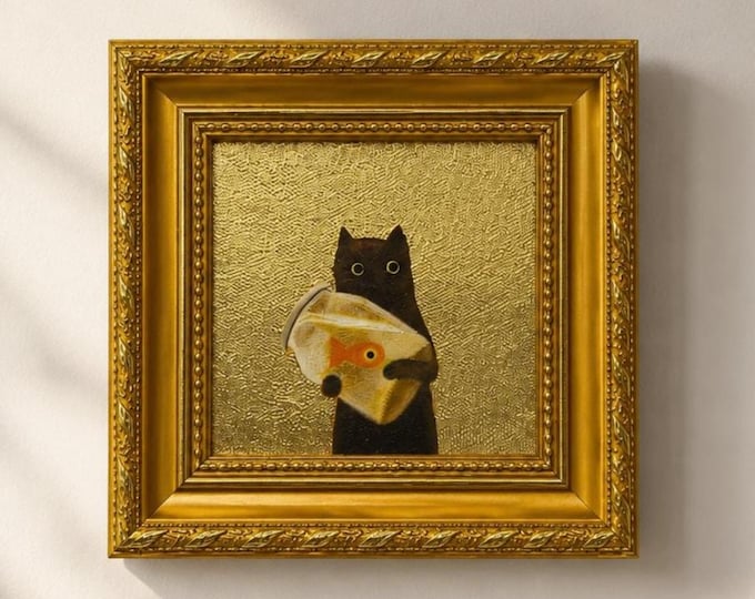 Original Oil Painting, Framed Canvas Wall Art, Small Gold Leaf Art, Gold Frame Wall Decor, Gift for Friends, Black Cat with Fish Tank