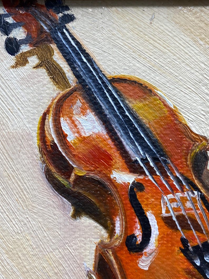Original oljemålning, väggkonst för fiol, dekoration för musikrum, liten inramad canvastavla bild 8