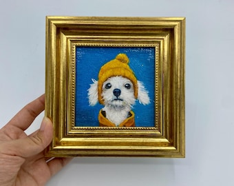 Oryginalne malarstwo olejne, sztuka ścienna z psem, dekoracja ścienna do pokoju dziecięcego, małe płótno w ramie