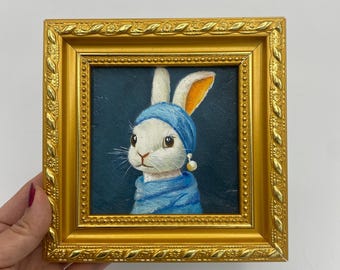 Original Oil Painting, Small Framed Original Art, 4x4 inch Canvas Artwork, Gift for Friends, Nursery Wall Art, Cute Bunny