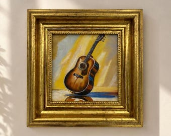 Pintura a óleo original, arte de parede com guitarra, arte de parede musical, arte emoldurada, arte de parede em tela
