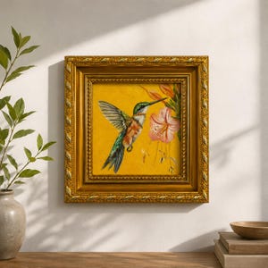 Original Oil Painting, Hummingbird and Flowers Wall Art, Floral Wall Art, Framed Art, Canvas Wall Art
