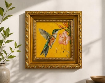 Original Oil Painting, Hummingbird and Flowers Wall Art, Floral Wall Art, Framed Art, Canvas Wall Art