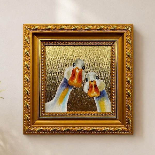 Original Oil Painting, Silly Geese Wall Art, Framed Art, Canvas Wall Art, Small Gold Leaf Artwork