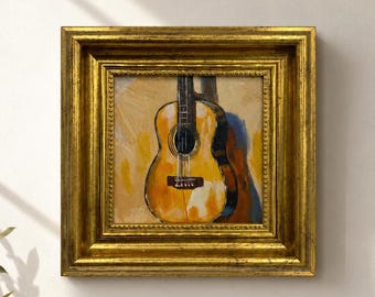 Pintura a óleo original, arte de parede com guitarra, arte de parede musical, arte emoldurada, arte de parede em tela