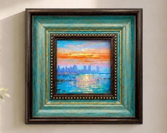 Original Oil Painting, Sunset Coastal City Wall Art, Landscape Wall Art, Framed Art, Canvas Wall Art