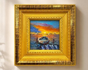 Origineel olieverfschilderij, zonsondergang met boot, muurdecoratie, zeegezicht, ingelijst kunstwerk, canvas muurdecoratie
