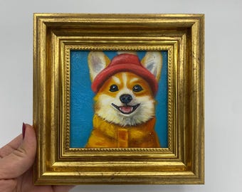 Dipinto ad olio originale, quadro con Corgi, quadro per cameretta, quadro incorniciato, quadro su tela