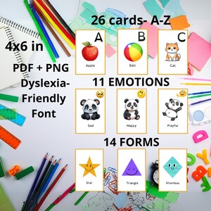 Educational Flashcards Bundle – Alphabet, Shapes & Emotions | Printable PDF + PNG | Dyslexia-Friendly