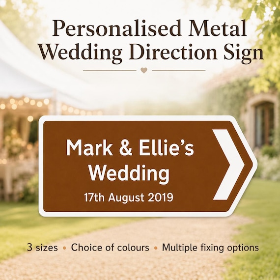 Personalised Metal Wedding Direction Sign – Custom Arrow Plaque, 3 Sizes