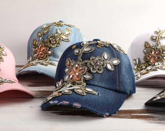 Rhinestone Hearts Denim Hat: Sparkly Bejeweled Cap - Etsy display picture 1