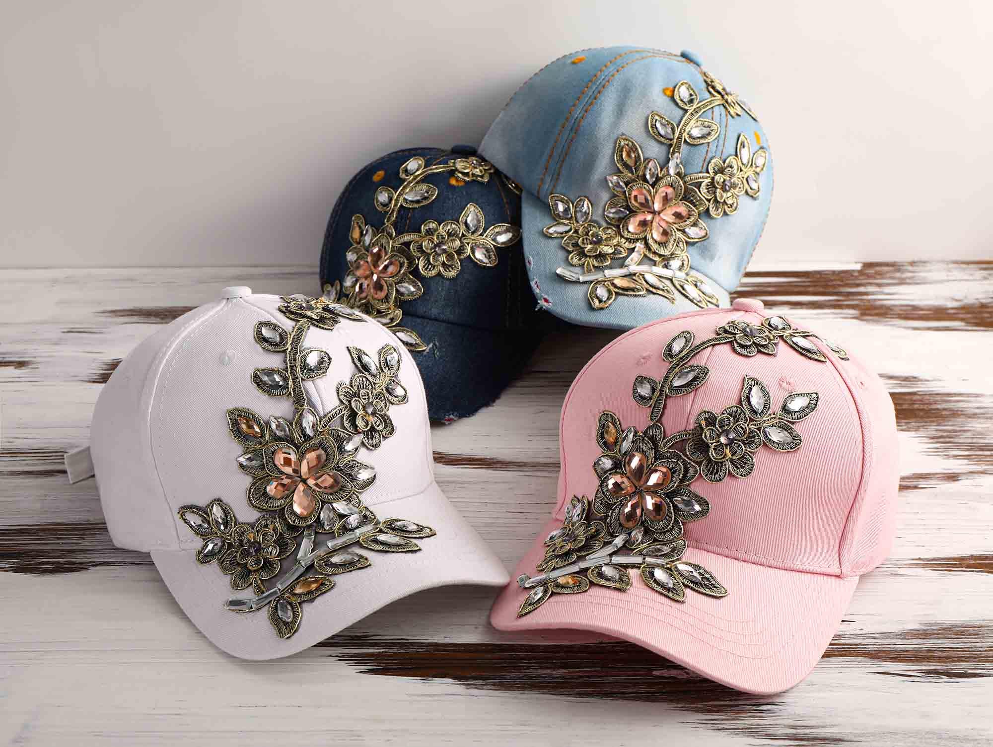 Embellished Denim Cap with Floral Design TRENDY RHINESTONE EMBELLISHED FLORAL LACE BASEBALL CAP  main image 2