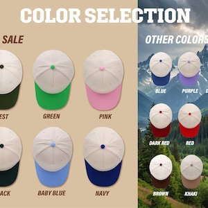 May include: A selection of baseball caps in various colors, including forest green, pink, and navy. The caps have a white crown and a colored brim. The image includes the text "COLOR SELECTION" and "HOT SALE".