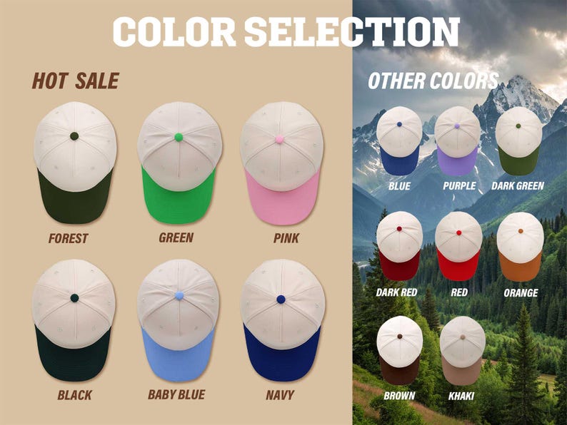 May include: A selection of baseball caps in various colors, including forest green, pink, and navy. The caps have a white crown and a colored brim. The image includes the text "COLOR SELECTION" and "HOT SALE".
