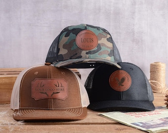 Gorras de camionero con parches de cuero personalizados, gorras con logotipo empresarial personalizado, gorras para padrinos de boda.