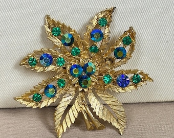 Vintage Gold Tone Floral Flower Aurora Borealis Rhinestone Brooch Pin C2