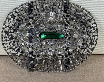 Vintage Art Deco Revival Belt Buckle Green Centerpiece Filigree Gunmetal Tone A6