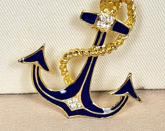 Vintage Nautical Anchor Brooch Gold Tone Navy Blue Enamel Rhinestone Pin B7