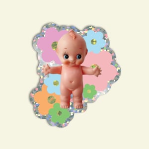 Floral Kewpie Baby Glitter Sticker: Waterproof Vinyl Decal