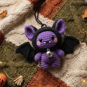 May include: A purple crochet bat with black wings and a black hood. The bat has a small silver bell around its neck and pink cheeks. The bat is sitting on a cozy, textured blanket with fall colors.
