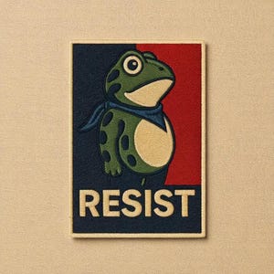 May include: Embroidered patch featuring a cartoon frog wearing a blue scarf, set against a red and navy blue background. The word "RESIST" is displayed in bold, cream-colored letters at the bottom of the patch.