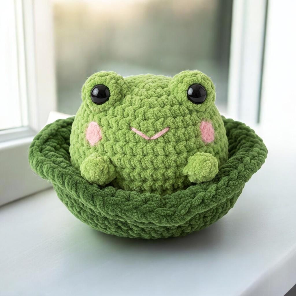 30 Frog and Toad Crochet Patterns for Plush Toys, Bags, Decor, and Gifts 18 Chubby Frog on Lily Pad Crochet Pattern