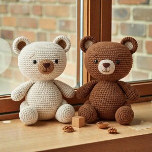 Virkmönster för sittande björnpar, brun och krämfärgad nallebjörn Amigurumi digital nedladdning, klassisk djurvirkning, mönster för gosedjur av björn