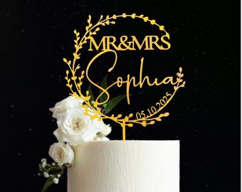 Personalized Gold Mr & Mrs Cake Topper, Custom Rustic Wedding Decoration, Anniversary Cake Topper for Elegant Celebration