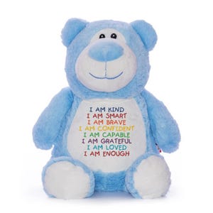 May include: A blue plush teddy bear with a white face and a rainbow embroidered message on its chest that reads: "I am kind, I am smart, I am brave, I am confident, I am capable, I am grateful, I am loved, I am enough."