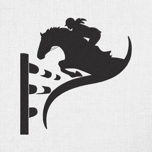 May include: Black silhouette of a horse jumping over a fence with a rider. The horse is mid-air, clearing the obstacle. The rider is wearing a helmet and riding gear. The image is set against a white background.