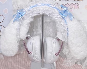 Coquette Fluffy Blue Ribbon Headphone Cover, Kawaii Gamer Setup Headset Attachment Fits AirPods Max Sony XM5 Hyper X,Headphone Accessories