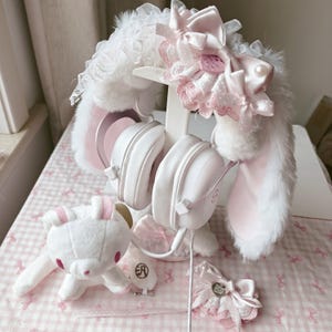 Fluffy Bunny Ear Headband Cover, Kawaii Coquette Headphone Decoration for AirPods Max Sony XM5 HyperX,Headphone Accessories