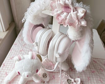 Fluffy Bunny Ear Headband Cover, Kawaii Coquette Headphone Decoration for AirPods Max Sony XM5 HyperX,Headphone Accessories