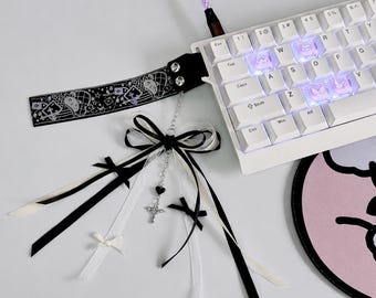 Gothic Y2K Keyboard Charm, Dark Coquette Ribbon Bow Accessory, E-Girl Desk Setup Decor with  Pendant