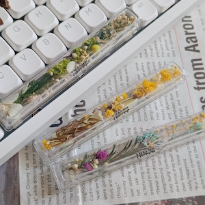 Könnte beinhalten: Transparente, rechteckige Stifte gefüllt mit getrockneten Blumen in verschiedenen Farben. Die Stifte sind auf einer weißen Tastatur und einer Zeitung angeordnet. Auf den Stiften steht das Wort "Lofree".