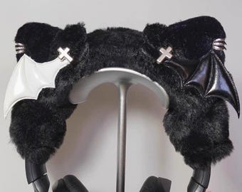 Goth Fluffy Bat Wing Headphone Cover, E-girl Streamer Headset Attachment for Sony AirPods Max Hyper X,Headphone Accessories