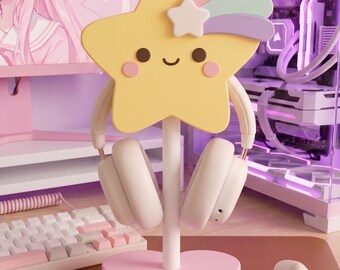 Support pour casque Magical Girl Star, support pour casque arc-en-ciel kawaii, configuration de bureau pour fille gamer coquette rose pastel, accessoire PC mignon