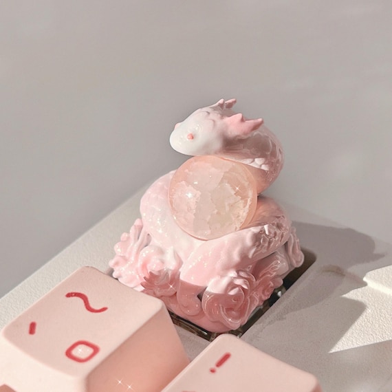 Kawaii Pink Dragon Artisan Keycap with Crystal Orb, Fairycore Desk Decor Gift for Gamers, Pastel Custom Keyboard Cap