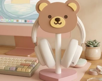 Soporte para auriculares Kawaii Bear con base de corazón rosa pastel, accesorio acogedor para escritorio de chica gamer, linda decoración para habitación de streamer