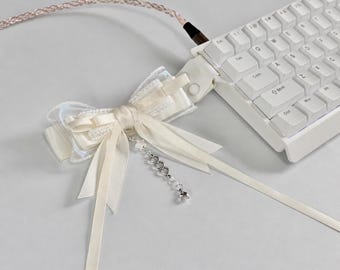 Ivory Keyboard Bow Decor, Cream Ribbon Charm for Mechanical Keyboard Desk Setup
