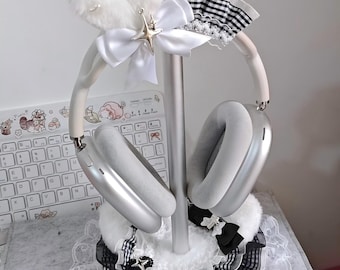 Gothic Lolita Bunny Headphone Stand, Black White Lace Bow Headset Holder, Jirai Kei Coquette Desk Decor, Kawaii Gamer Girl Gift for Streamer