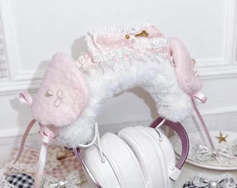 Pink Fluffy Puppy Ear Headphone Decoration, Coquette Lace Headset Attachment for AirPods Max Sony Hyper X,Headphone Accessories