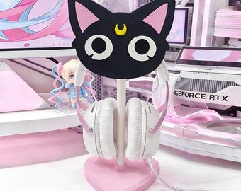 Magical Moon Black Cat Headphone Stand | Pink Heart Base Headset Holder | Kawaii Desk Setup | Anime Gamer Gift for Streamer