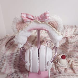 Coquette Fluffy Bear Ear Headphone Cover, Kawaii Pink Lace Headset Attachment for AirPods Max Sony Hyper X,Headphone Accessories