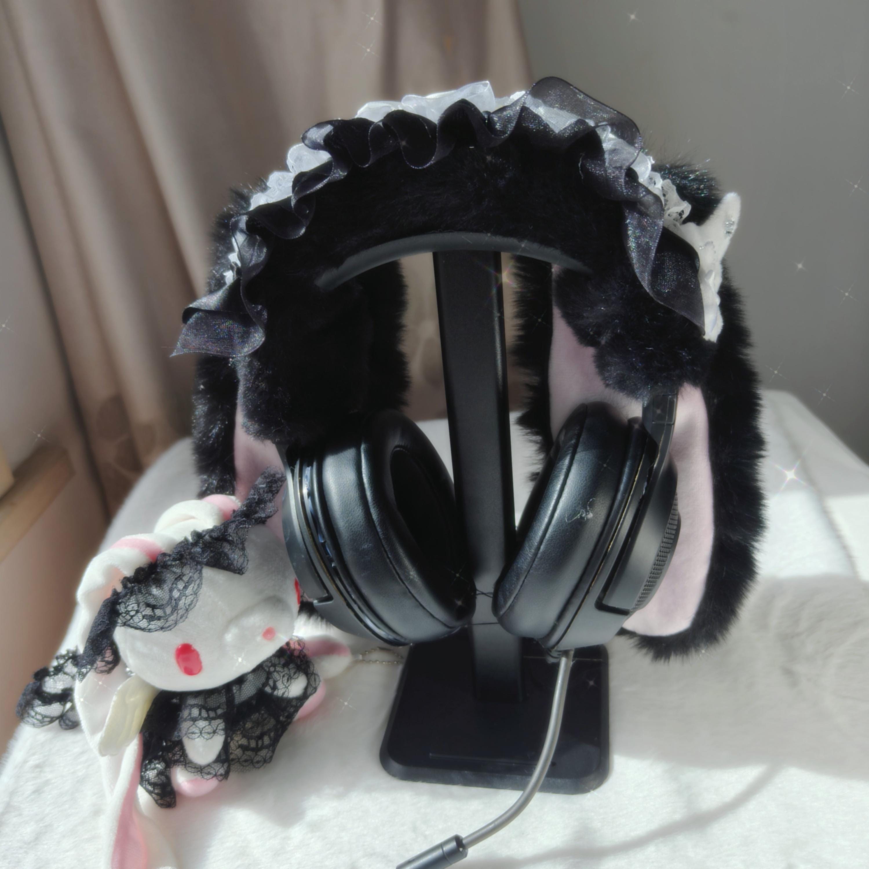 Dark Coquette Black Fur Angel Wing Headphone Cover,e-girl Streamer ...