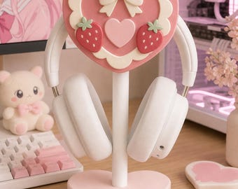 Kawaii Strawberry Headphone Stand, Pink Heart & Bow Coquette Headset Holder, Cute Pastel Gaming Setup Accessory, Gamer Girl Desk Decor