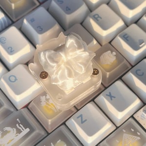 May include: A custom keyboard keycap featuring a white, fabric-like bow mounted on a clear, rectangular base. The keycap is secured with two small, gold-colored screws. The background shows a keyboard with white keys and light blue lettering.