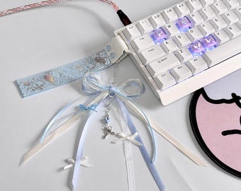 Pastel Blue Keyboard Ribbon Decor, Celestial Bow Charm for Mechanical Keyboard Desk Setup
