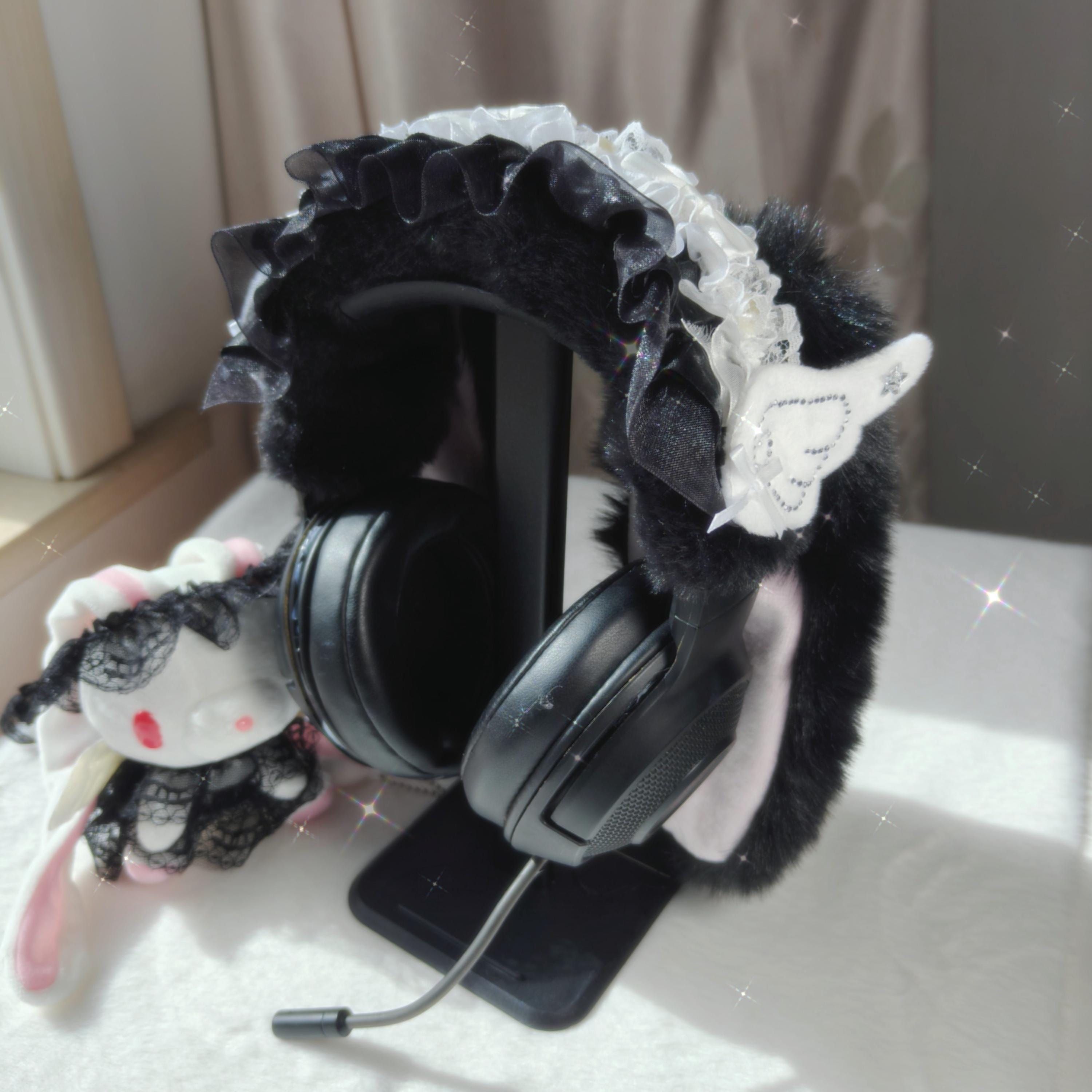 Dark Coquette Black Fur Angel Wing Headphone Cover,e-girl Streamer ...