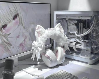 White Fluffy Lace Ear Headphone Decoration, Coquette Bow Headset Attachment for Sony XM4 XM5 Airpods Max ,Headphone Accessories
